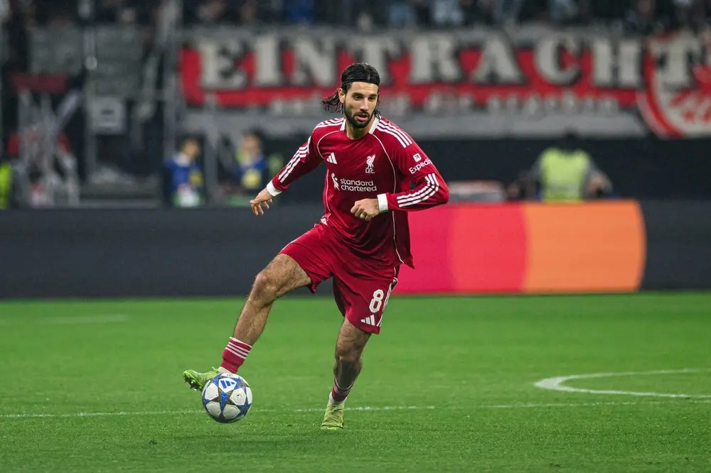 Dominik Szoboszlai in training for Liverpool; he is predicted to start vs Marseille while Mohamed Salah returns to the bench.