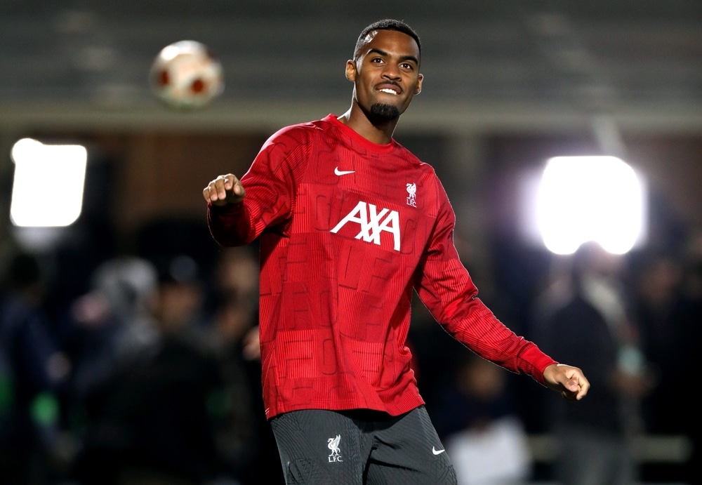 Ryan Gravenberch in training for Liverpool; he is predicted to start at right-back against Newcastle United due to injuries to Frimpong and Bradley.