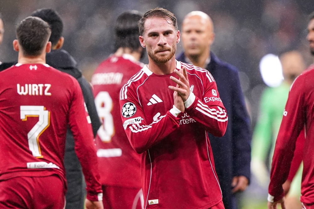 Alexis Mac Allister celebrating with teammates after Liverpool's 6-0 win over Qarabag in the Champions League.