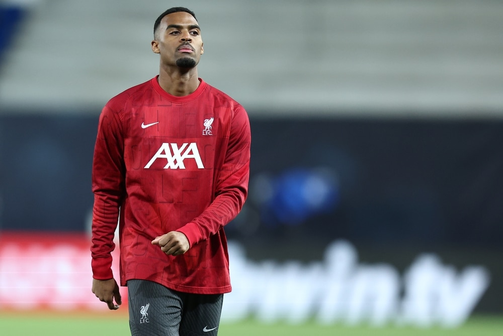 Ryan Gravenberch in action for Liverpool; he has been named in the starting lineup vs Qarabag and is expected to play as an emergency center-back.