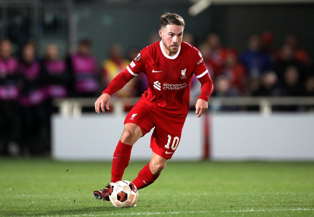 Alexis Mac Allister celebrating his goal for Liverpool against Qarabag in the Champions League.