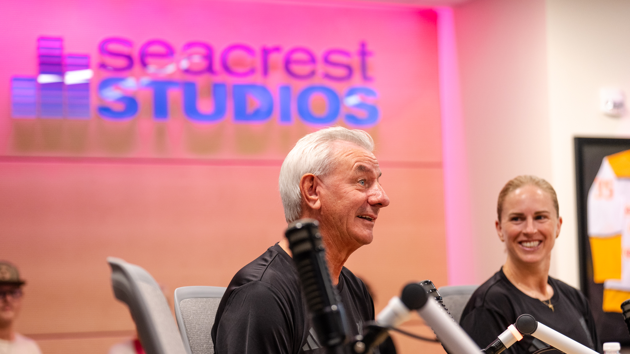 Liverpool legend Ian Rush speaking into a studio microphone during an interview in Nashville
