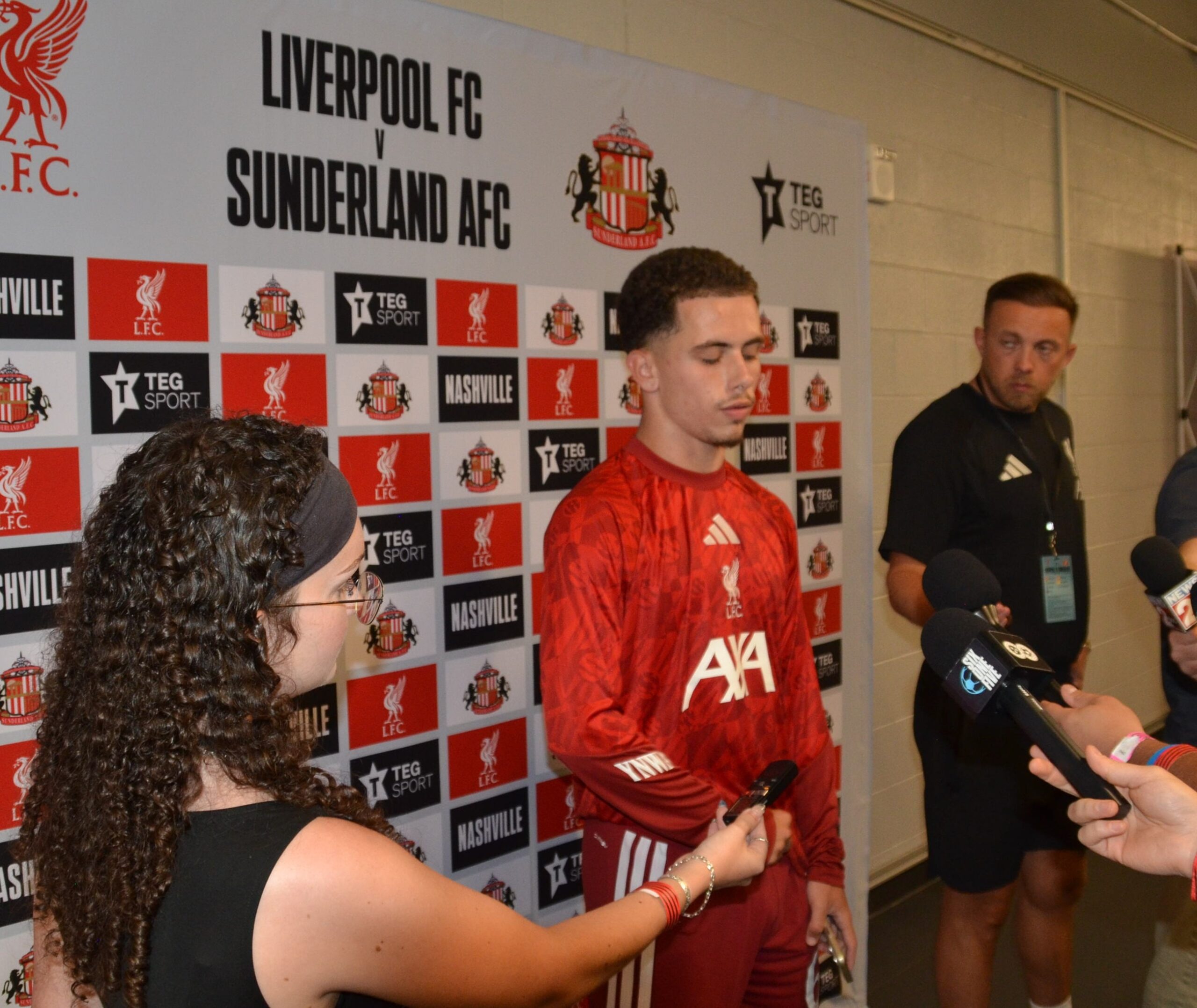 Liverpool academy player Kieran Morrison speaking to reporters in the mixed zone after the match against Sunderland