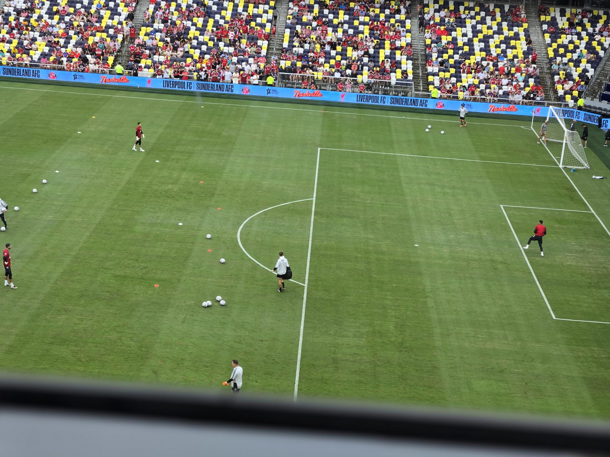 High elevated press box view of GEODIS Park pitch during the Liverpool vs Sunderland pre-season match in Nashville