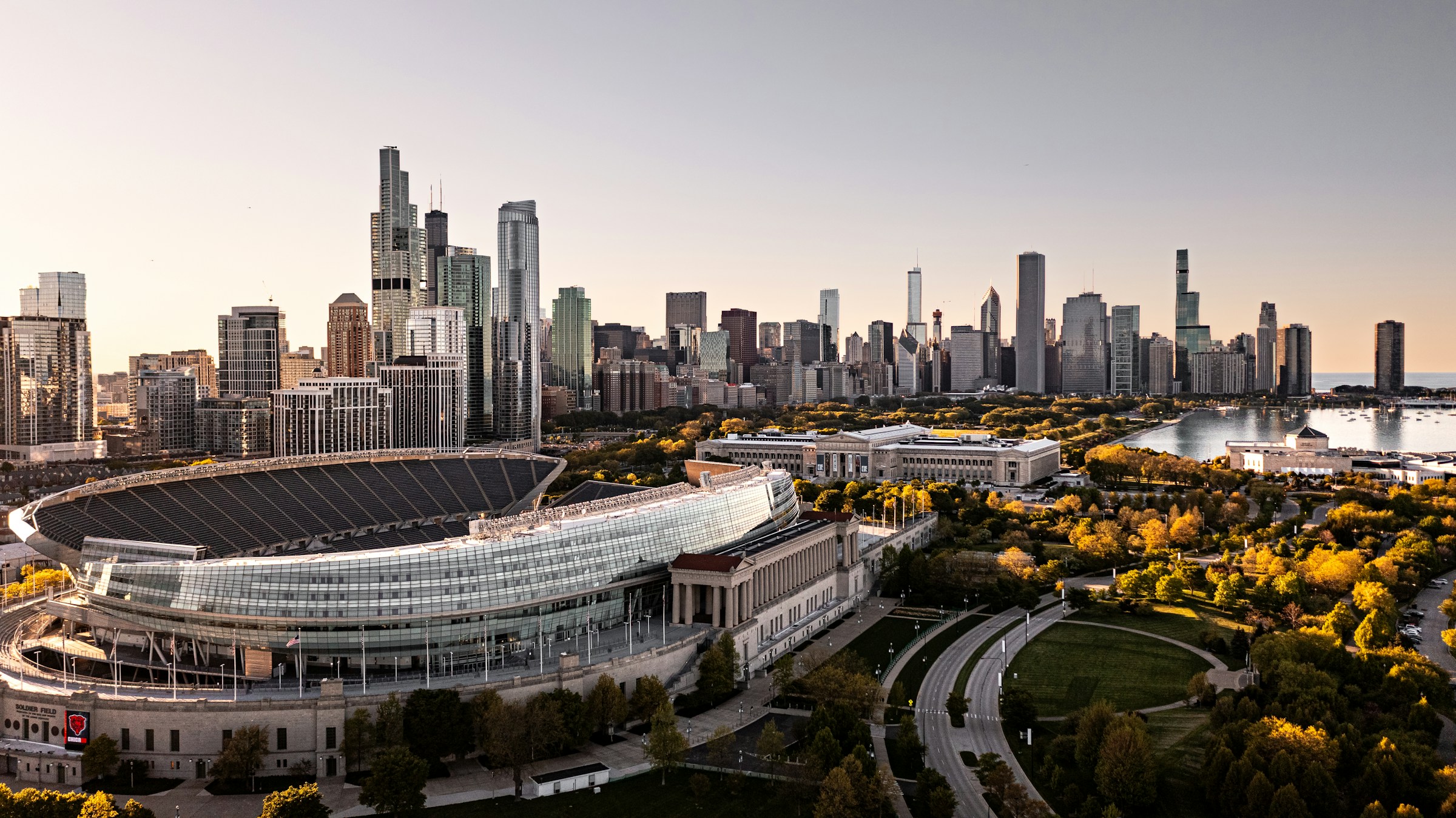 Aerial view of Soldier Field stadium and the Chicago skyline ahead of the Liverpool vs Leeds United pre-season match