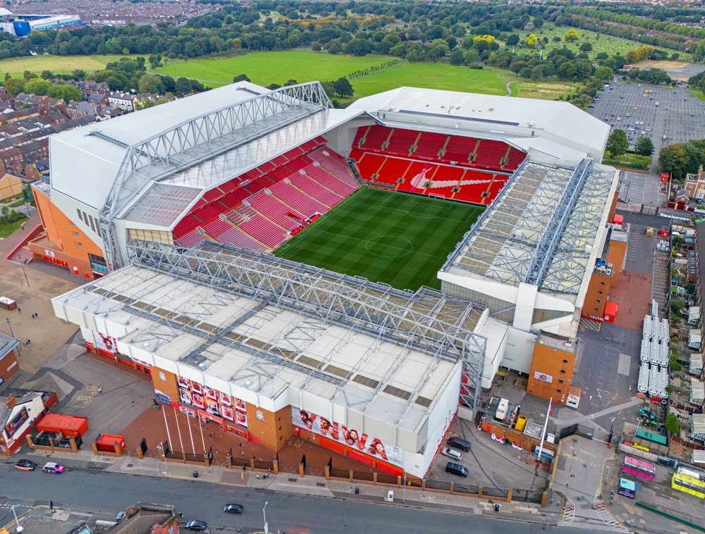 Aerial view of Anfield Stadium during halftime of Liverpool vs Nottingham Forest