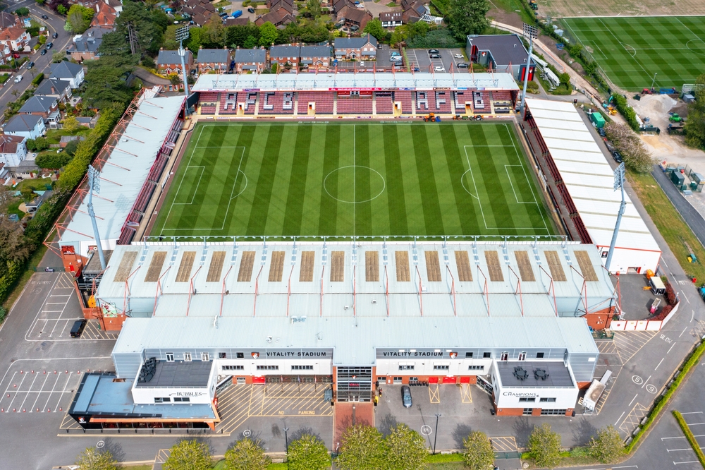Aerial view of the Vitality Stadium ahead of the Premier League fixture between AFC Bournemouth and Liverpool FC