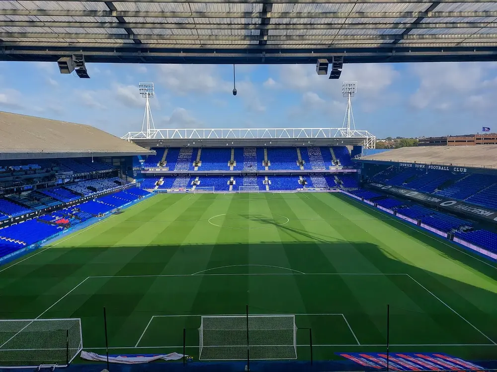 Aerial view of Portman Road stadium at halftime during Ipswich Town vs Liverpool FC