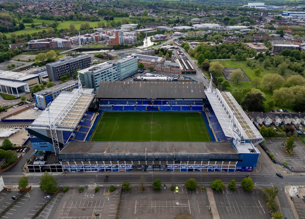 High-angle aerial view of Portman Road stadium ahead of Ipswich Town vs Liverpool FC