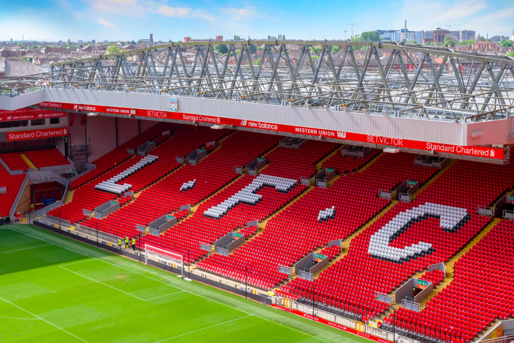 Anfield Stadium stands and pitch during halftime of Liverpool FC vs Tottenham Hotspur in the EFL Cup