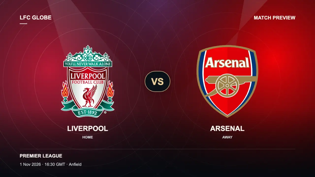 Liverpool vs Arsenal match preview graphic, with Liverpool's crest on the left and Arsenal's crest on the right.