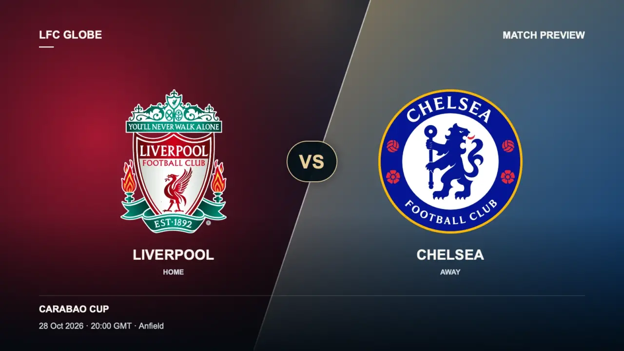 Liverpool vs Chelsea match preview graphic, with Liverpool's crest on the left and Chelsea's crest on the right.